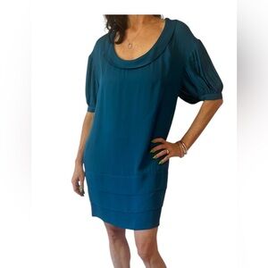 Club Monaco Blue Silk Sheath Mini Dress with Puff Sleeves Size‎ 8
